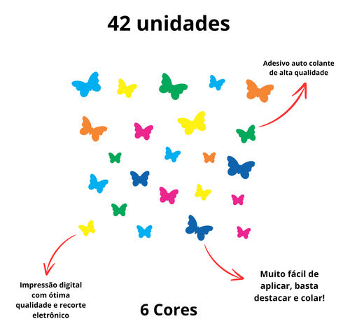 Adesivo De Parede Infantil 42 Borboletas 6 Tons Vivos Quarto