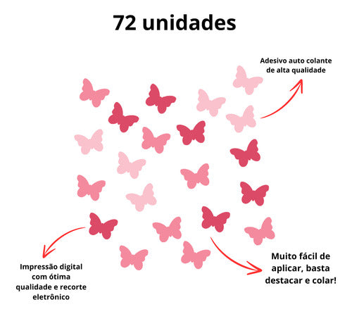 Adesivo De Parede Infantil 72 Borboletas Rosa Quarto Menina