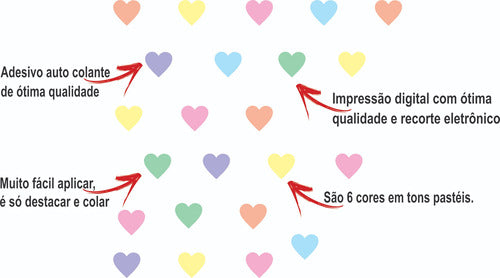 Adesivo De Parede Coração 7cm 72 Unidades Tons Pastéis