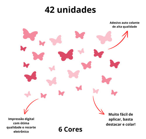 Adesivo Parede Infantil 42 Borboletas 3 Tons Rosas Menina