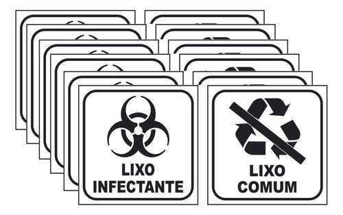 Kit 6 Adesivos Lixo Infectante + 6 Comum 12x12 Fundo Branco