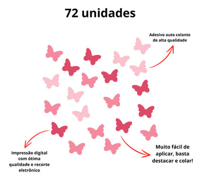 Adesivo De Parede Infantil 72 Borboletas Rosa Quarto Menina