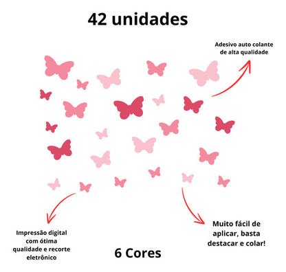 Adesivo Parede Infantil 42 Borboletas 3 Tons Rosas Menina