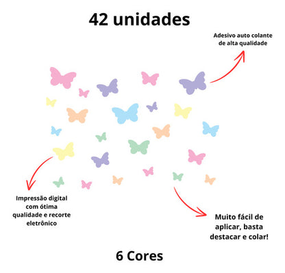 Adesivo De Parede Infantil 42 Borboletas Tons Pastel 6 Cores