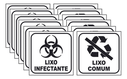 Kit 6 Adesivos Lixo Infectante + 6 Comum 12x12 Fundo Branco