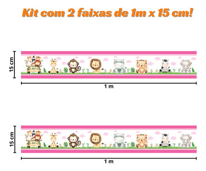 Kit 2 Faixa Adesivo Zoo Safari Infantil Papel Parede Rosa