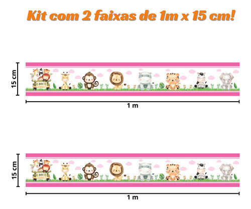 Kit 2 Faixa Adesivo Zoo Safari Infantil Papel Parede Rosa