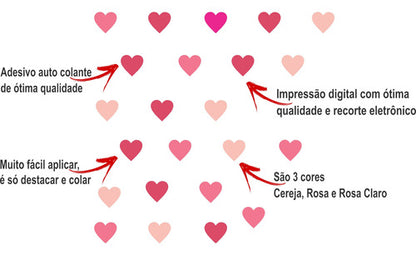 Adesivo Decorativo Coração 7cm 72 Unidades 3 Tons De Rosa
