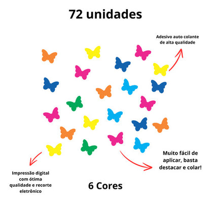 Adesivo Parede Infantil 72 Borboletas Cores Vivas - 6 Cores