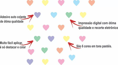 Adesivo Decoração Coração 216unid 7cm Colorido, Tons Pastéis