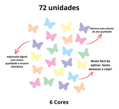 Adesivo Parede Infantil 72 Borboletas Tons Pastéis - 6 Cores