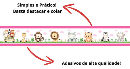 Kit 2 Faixa Adesivo Zoo Safari Infantil Papel Parede Rosa